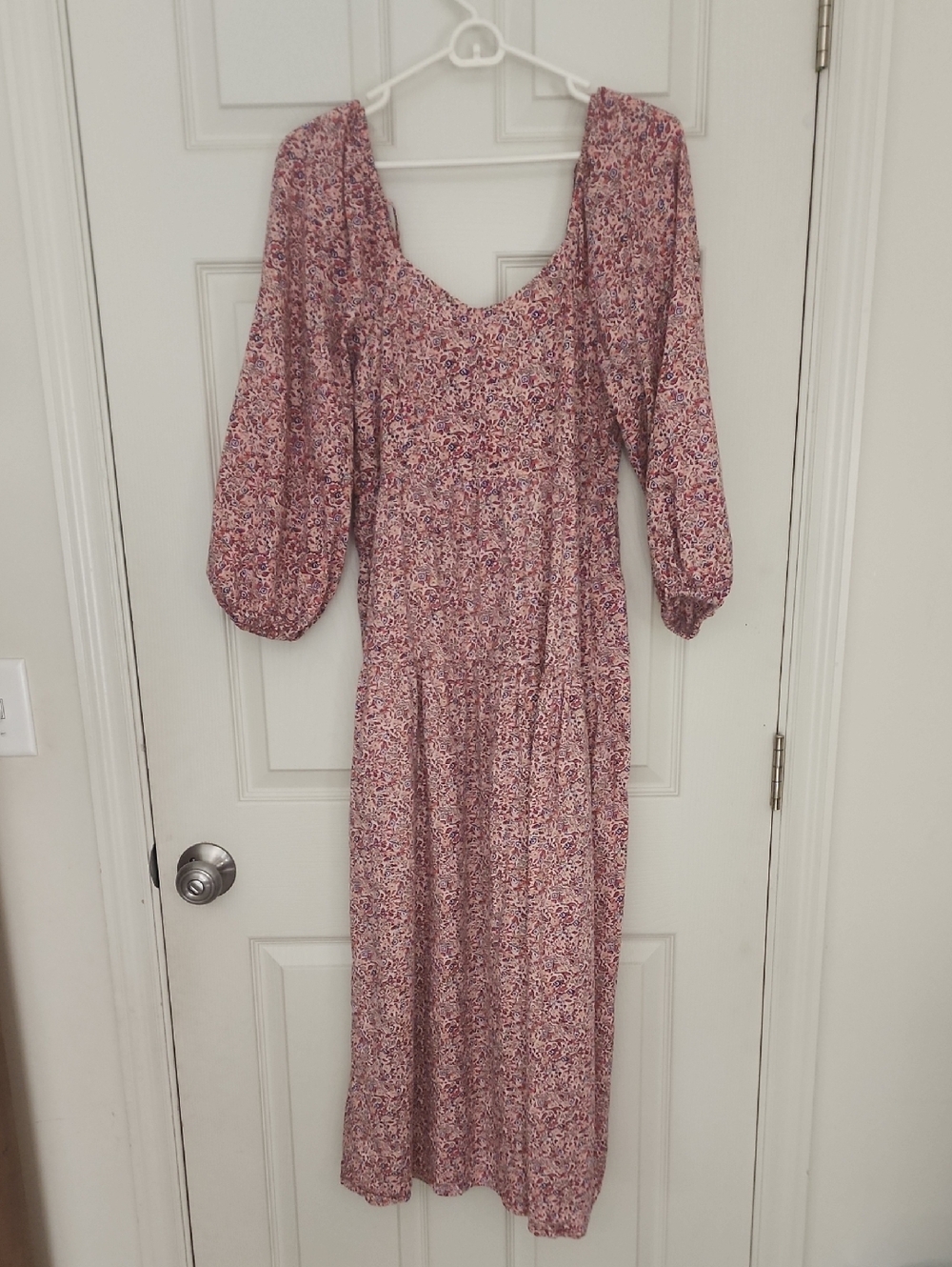 Universal Thread Pink Floral Midi Dress with Puff Sleeves and Smocked Back